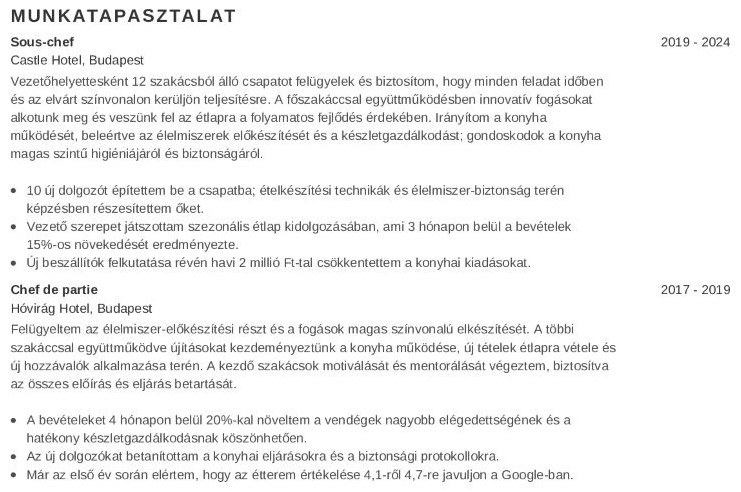 munkatapasztalatokat a szakács önéletrajzhoz